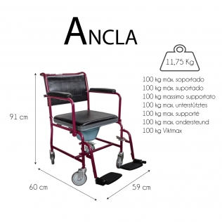 Silla orinal, Con tapa, Reposapiés abatibles, Reposabrazos extraíbles, Ruedas, Negro