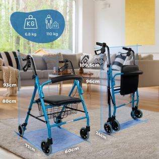 Mobiclinic Andador para ancianos Plegable Frenos manuales y bloqueables  Aluminio Con cesta Con asiento y 4 ruedas