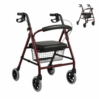 Andador | Plegable | Aluminio | Frenos en manetas | Asiento y respaldo | 4 ruedas | Burdeos | Escorial | Mobiclinic